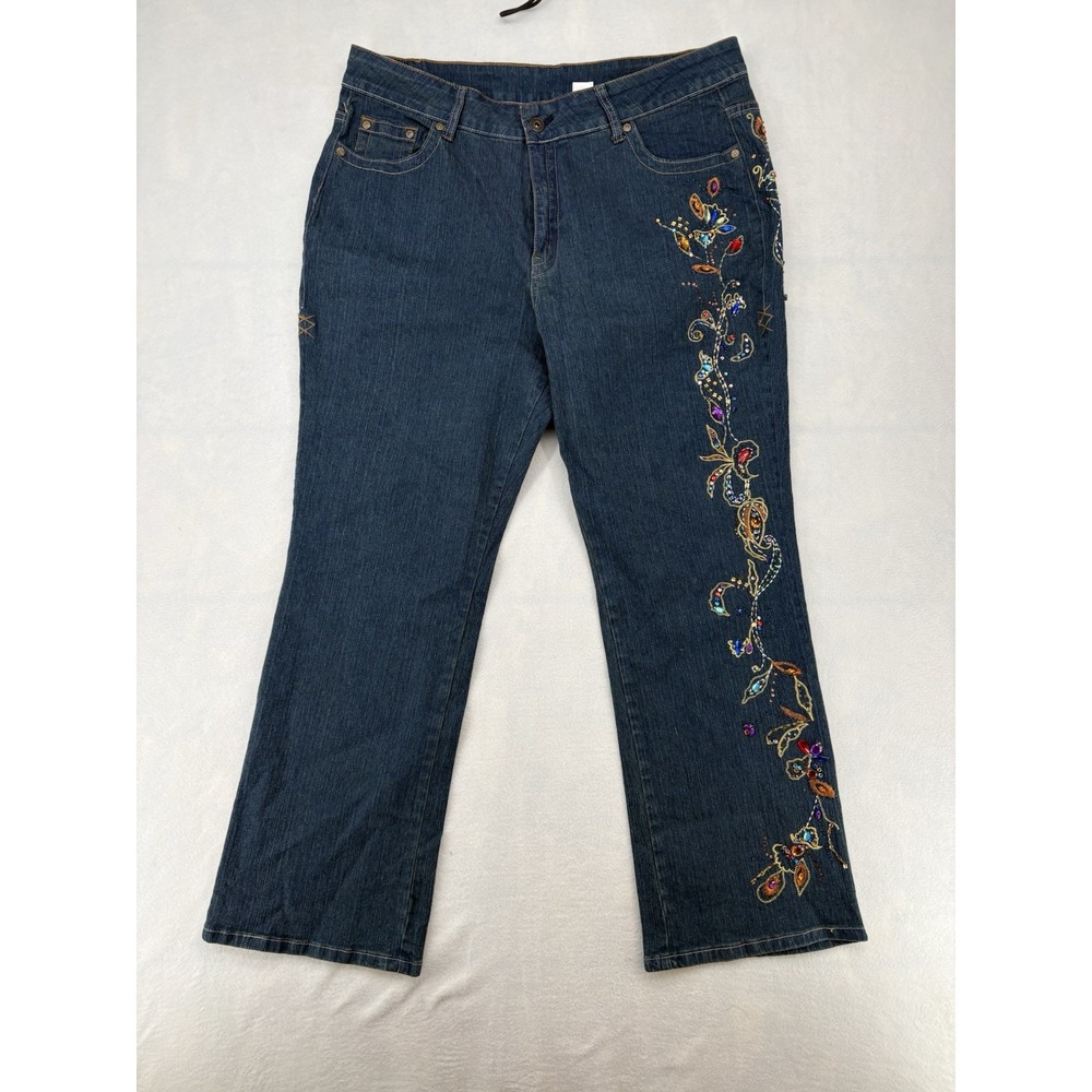 Denim 24/7 Embroidered Sequin Embellished Straight Jeans Blue Womens 20W